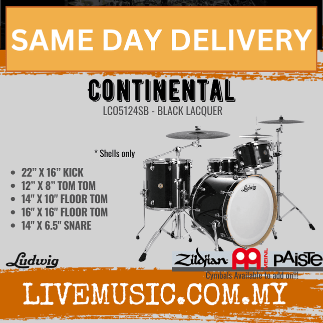 Ludwig LCO5124SB Continental 5-Piece Drum Kit(22B+16F+14F+12T+14S), Black Lacquer