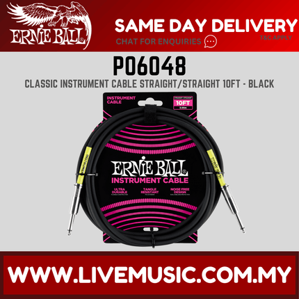 Ernie Ball 6048 Straight to Straight Instrument Cable, Black, 10ft