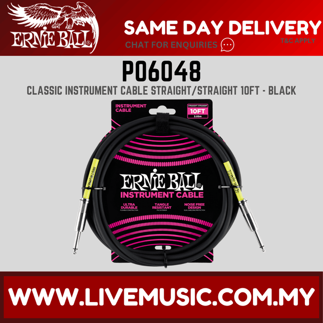 Ernie Ball 6048 Straight to Straight Instrument Cable, Black, 10ft
