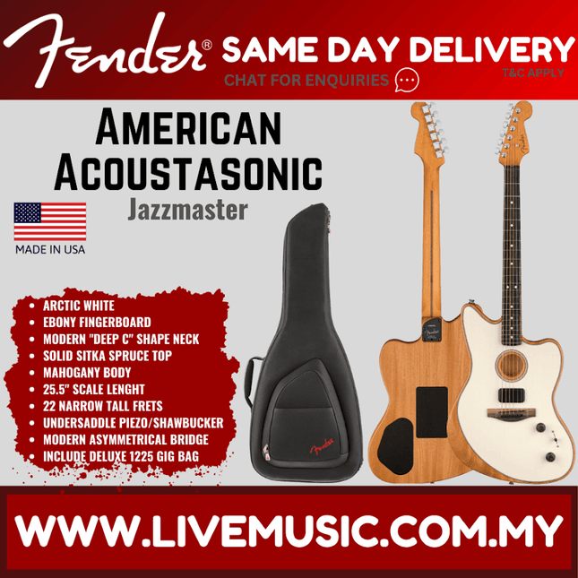 Arctic white Acoustasonic Jazzmaster acoustic guitar with black gig bag