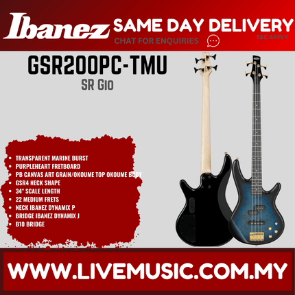 Ibanez GSR200PC 4-String Electric Bass Guitar, Transparent Marine Burst