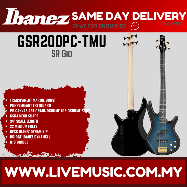 Ibanez GSR200PC 4-String Electric Bass Guitar, Transparent Marine Burst