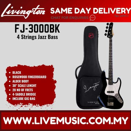 Livingston JB-3000 4-String Jazz Bass Guitar, Rosewood Fretboard, w/Gig Bag ( JB 3000  )-Black