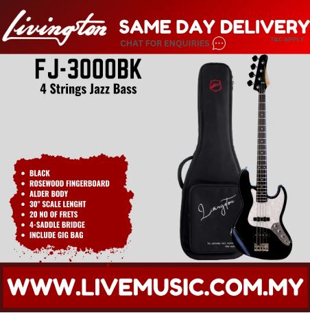 Black 4-string jazz bass guitar with rosewood fretboard and gig bag