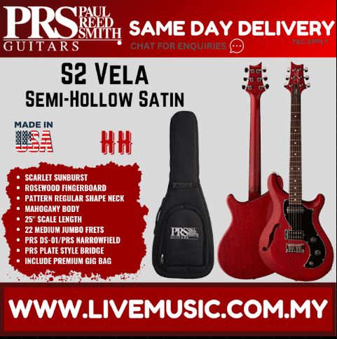 PRS S2 Vela Satin Semi-Hollow Electric Guitar w/Bag, Vintage Cherry