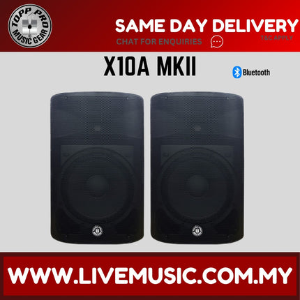Pair of black active loudspeakers, front woofer grilles with Bluetooth indicators