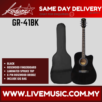 Kadenza GR-41 41" Acoustic Guitar Cutaway w/Bag - ( GR41 GR 41 )-Black