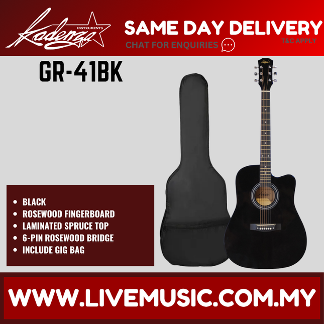 Kadenza GR-41 41" Acoustic Guitar Cutaway w/Bag - ( GR41 GR 41 )-Black