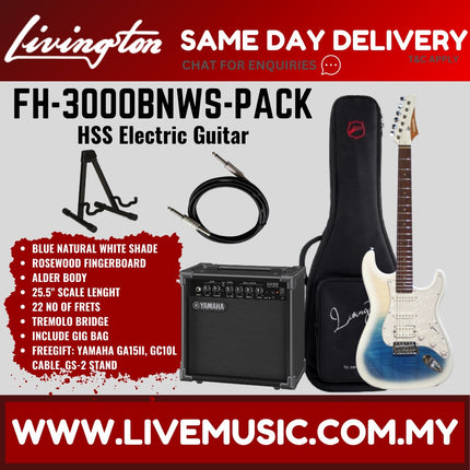 Livingston FH-3000-PACK Stratocaster HSS Electric Guitar w/GA15II Amplifier, Roasted Maple Fretboard -BlueNaturalWhiteShad ( FH3000 FH 3000 )