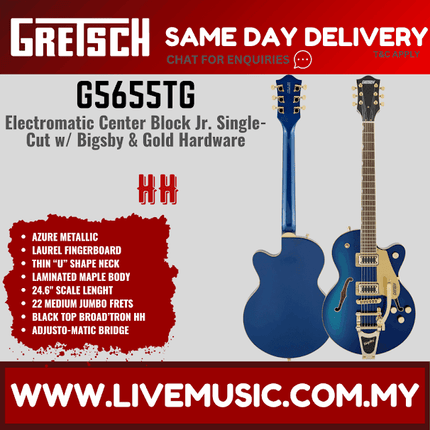 Gretsch G5655TG Electromatic Centre Block Jr Single-Cut Guitar w/Bigsby, Laurel FB - Azure Metallic