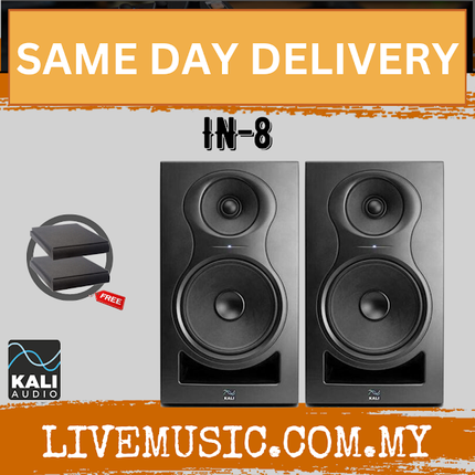Kali Audio IN-8 8-inch powered studio monitor pair, black front woofer and tweeter