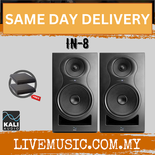 Kali Audio IN-8 8-inch powered studio monitor pair, black front woofer and tweeter
