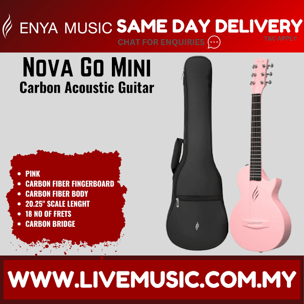 Pink mini carbon acoustic travel guitar with black gig bag