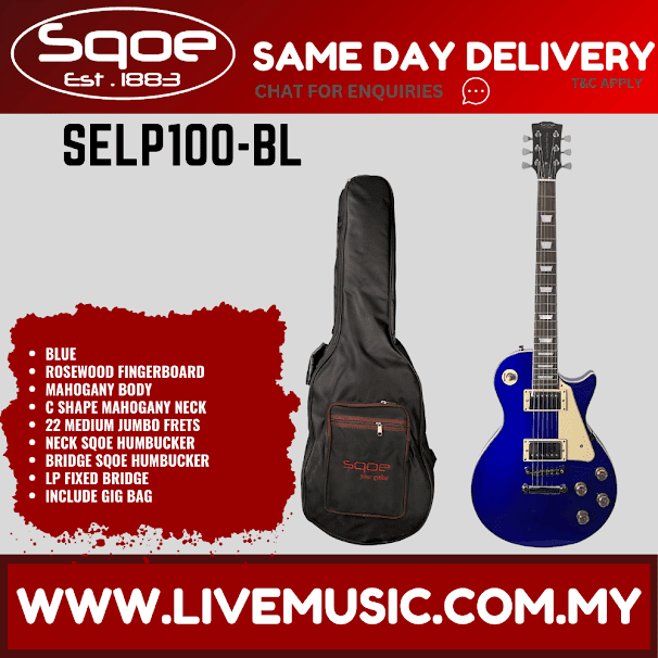 Blue Les Paul style electric guitar with rosewood fretboard, chrome hardware, includes gig bag