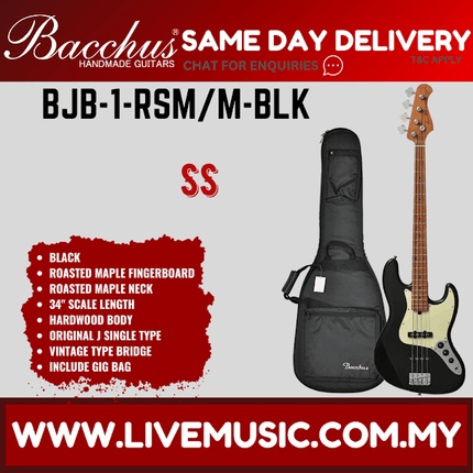 Bacchus BJB-1 RSM/M 4-String Electric Bass, Roasted Maple Fretboard - Black (BJB-1-RSM/BJB1)