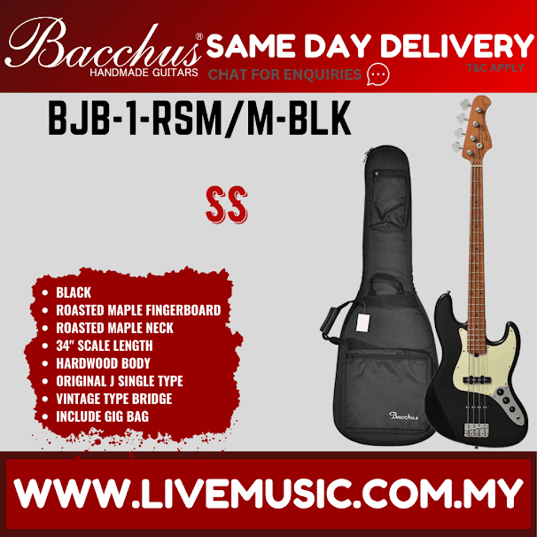 Bacchus BJB-1 RSM/M 4-String Electric Bass, Roasted Maple Fretboard - Black (BJB-1-RSM/BJB1)