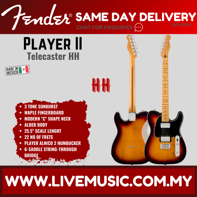 Fender Player II Telecaster HH Electric Guitar, Maple FB - 3 Tone Sunburst / Coral Red / Hialeah Yellow