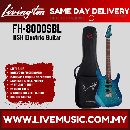 Steel blue HSH electric guitar with rosewood fretboard and black padded gig bag.
