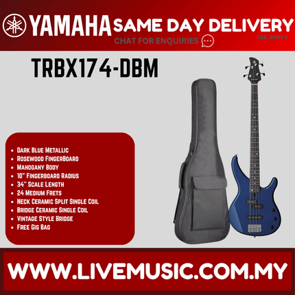 Yamaha TRBX174 4-string Electric Bass Guitar Package - Dark Blue Metallic ( TRBX 174 / TRBX-174 )