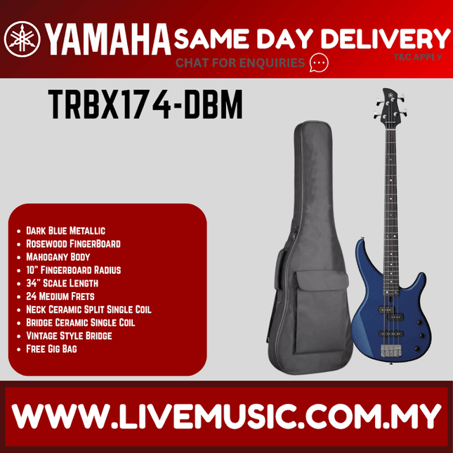 Yamaha TRBX174 4-string Electric Bass Guitar Package - Dark Blue Metallic ( TRBX 174 / TRBX-174 )