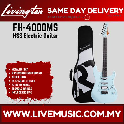 Livingston FH-4000 Stratocaster HSS Electric Guitar w/GA15II Amplifier, Roasted Maple Fretboard / Rosewood Fretboard  -Metallic Sky  ( FH4000 FH 4000 )