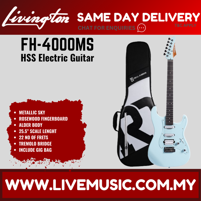 Livingston FH-4000 Stratocaster HSS Electric Guitar w/GA15II Amplifier, Roasted Maple Fretboard / Rosewood Fretboard  -Metallic Sky  ( FH4000 FH 4000 )