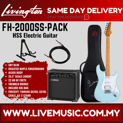Livingston FH-2000-Pack Stratocaster HSS Electric Guitar w/GA15II Amplifier, Roasted Maple Fretboard - Sku Blue( FH2000 FH 2000 )