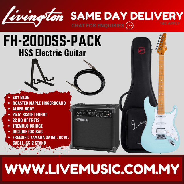 Sky blue HSS electric guitar with black gig bag, amp, cable, and stand