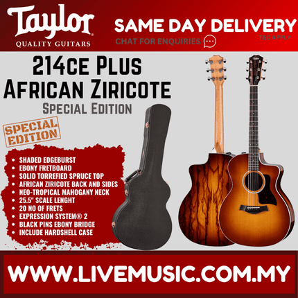 Taylor 214ce Plus Special Ed African Ziricote Grand Auditorium Acoustic Guitar, Shaded Edgeburst