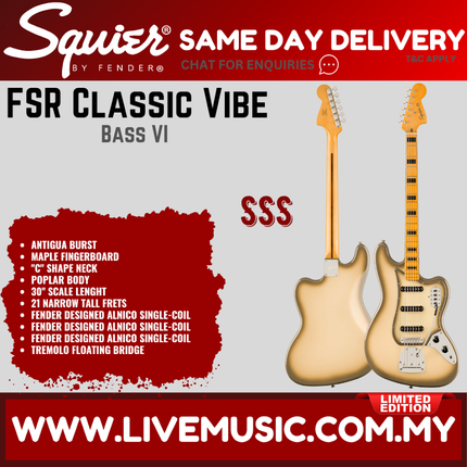 Squier FSR Classic Vibe Bass VI Guitar, Maple FB, Antigua Burst