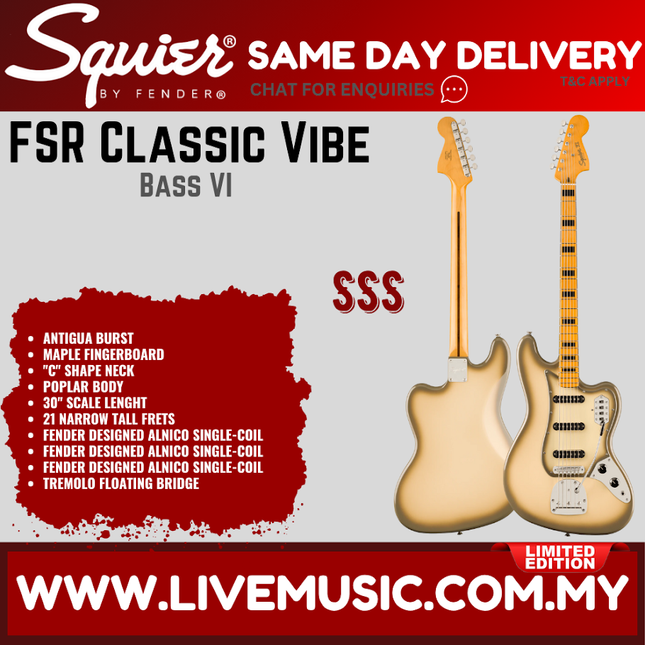 Squier FSR Classic Vibe Bass VI Guitar, Maple FB, Antigua Burst