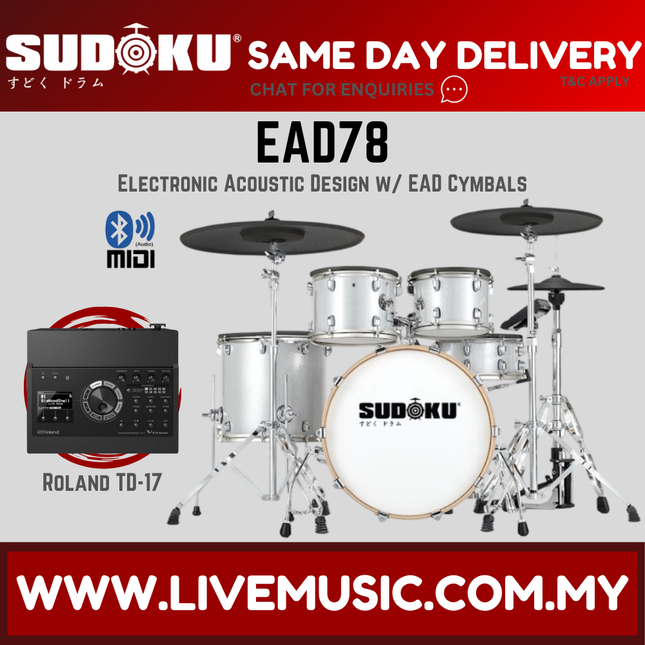 Sudoku EAD78 electronic drum set with silver shells, cymbals, and Roland TD-17 module