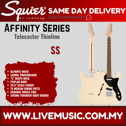 Squier Affinity Series Telecaster Thinline Electric Guitar, Laurel FB, Olympic White