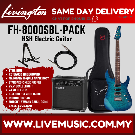 Livingston FH-8000-PACK Stratocaster HSH Electric Guitar w/GA15II Amplifier, Rosewood Fretboard - ( FH8000 FH 8000 )