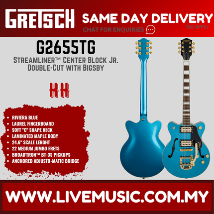 Gretsch G2655TG Streamliner Center Block Jr. Double-Cut Guitar w/Bigsby, Laurel FB, Riviera Blue