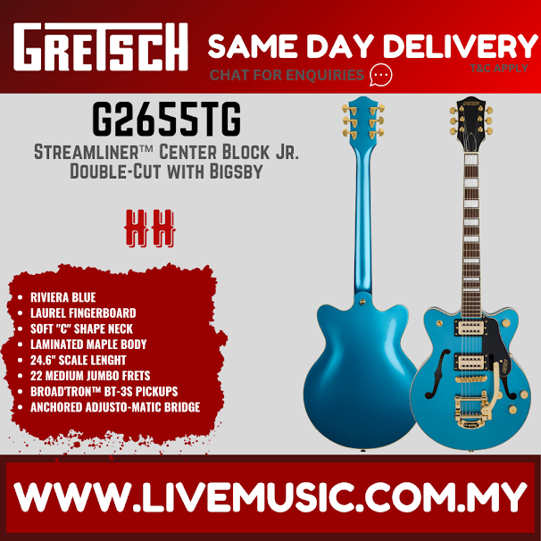 Gretsch G2655TG Streamliner Center Block Jr. Double-Cut Guitar w/Bigsby, Laurel FB, Riviera Blue