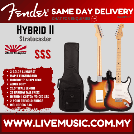Fender Japan Hybrid II Stratocaster Electric Guitar, Maple Fretboard with Gig Bag - 3-Color Sunburst