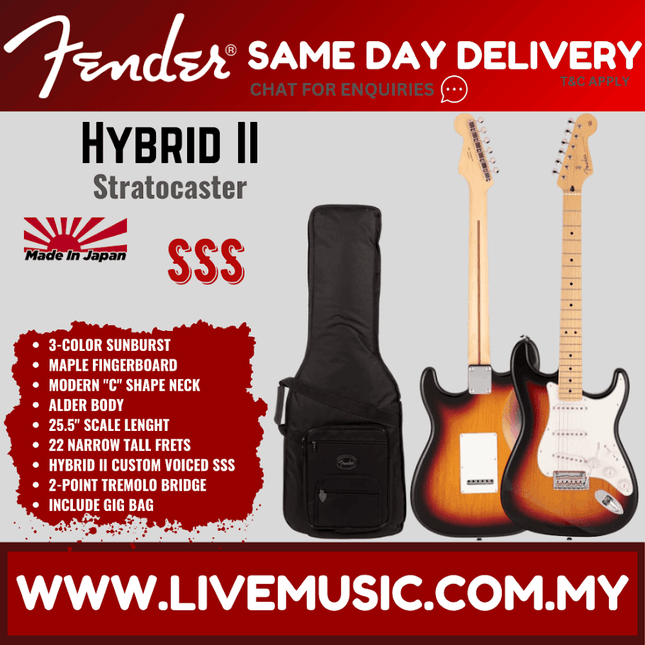 Fender Japan Hybrid II Stratocaster Electric Guitar, Maple Fretboard with Gig Bag - 3-Color Sunburst