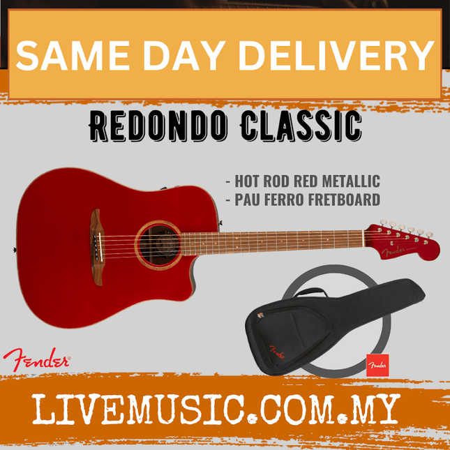 Hot Rod Red acoustic guitar and black gig bag with same-day delivery graphic