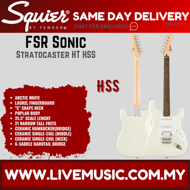 Squier FSR Sonic Stratocaster HT HSS Electric Guitar, Laurel FB, Arctic White