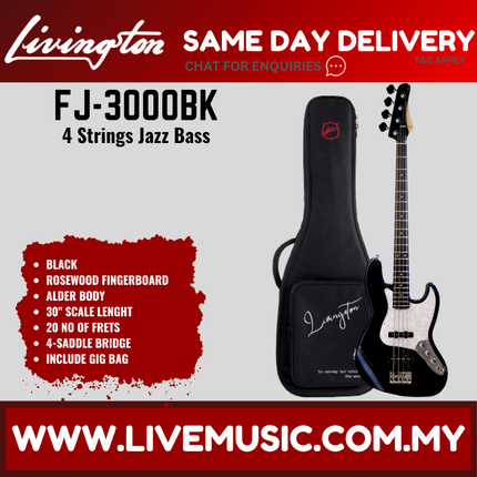 Livingston JB-3000 4-String Jazz Bass Guitar, Rosewood Fretboard, w/Gig Bag ( JB 3000 JB3000 / FJ 3000 FJ3000 )