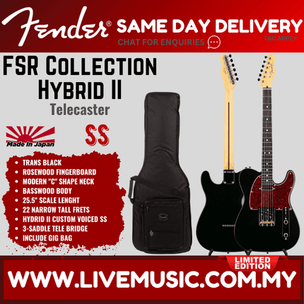 Fender FSR Collection Hybrid II Telecaster Electric Guitar, RW FB, Trans Black