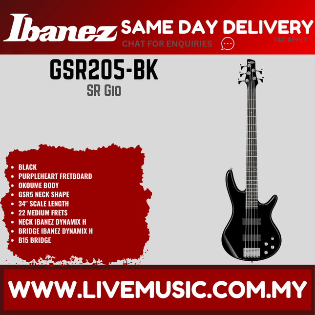 Ibanez GSR205 GIO Series 5-Strings Electric Bass Guitar - Black Night (GSR205-BK)
