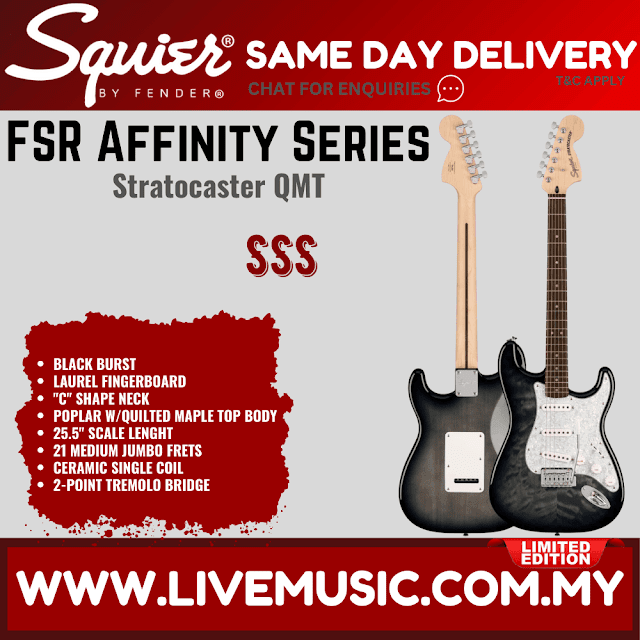 Squier FSR Affinity Series Stratocaster QMT Electric Guitar, Laurel FB, Black Burst