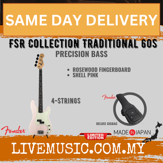 Shell pink Precision-style 4-string bass guitar with rosewood fingerboard