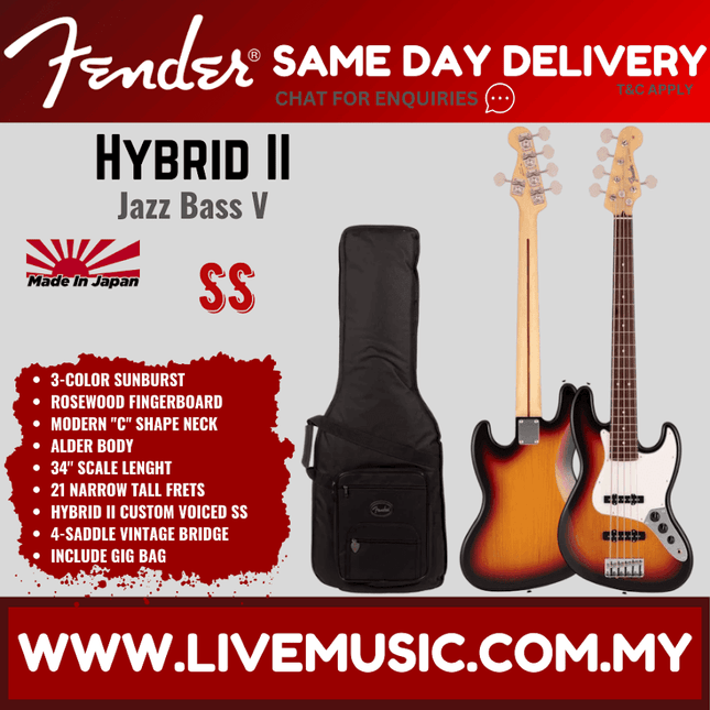 Fender Japan Hybrid II Jazz Bass V Guitar, Rosewood Fretboard with FREE Gig Bag - 3-Color Sunburst