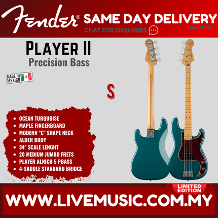 Fender Limited Edition Player II Precision Bass Guitar, Maple FB, Ocean Turquoise