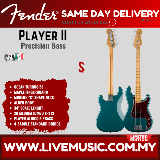 Ocean turquoise Fender Precision Bass with maple fingerboard and headstock tuning pegs