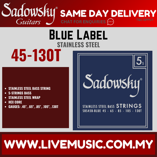 Sadowsky Blue Label Stainless Steel 5-String Bass String Set, 045-130