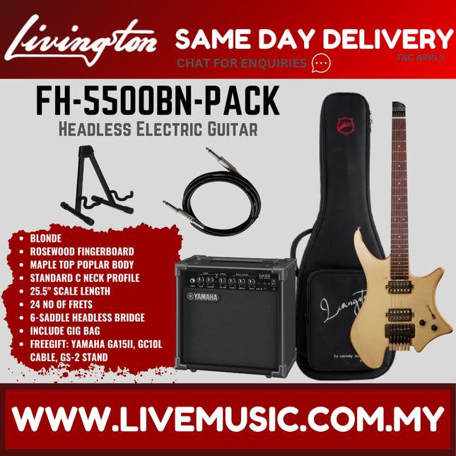 Livingston FH-5500 6-String Headless Electric Guitar w/GA15II, RW Fretboard/Maple Fretboard - ( FH5500 FH 5500)